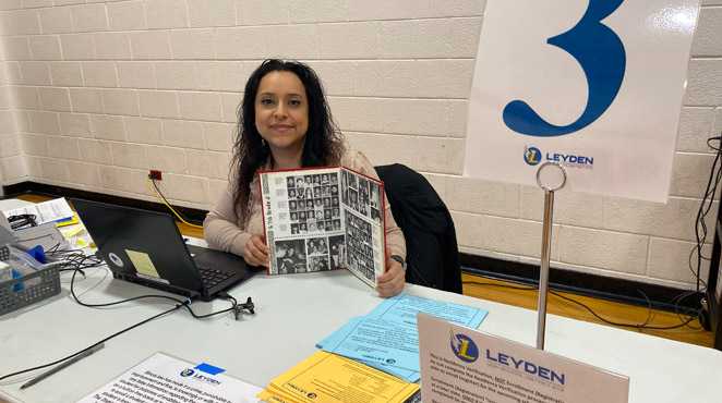 Thanks to Leyden HS for helping register our 8th graders. Especially, Erica Herrera from the Rhodes class of 1996 (with her yearbook).