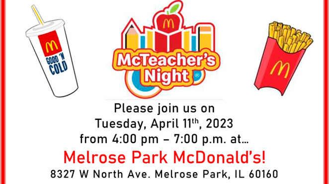 PTA's McTeacher's Night - April 11th from 4pm-7pm